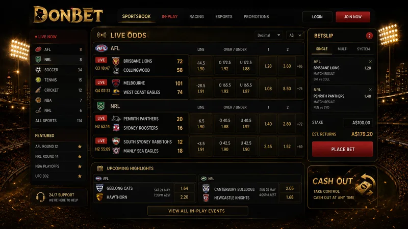 Live AFL and NRL odds board on the DonBet sportsbook